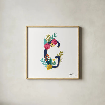 Romantic Luxe G Navy by Janelle Penner. Shown in a natural wood glass frame for a timeless modern aesthetic. Available as an archival giclee rolled canvas, fine art paper, or poster print. SKU 74236a.