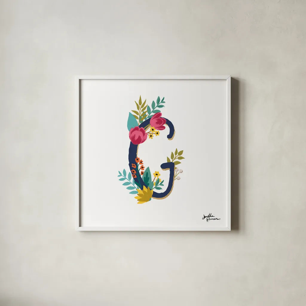 Romantic Luxe G Navy by Janelle Penner. Shown in a crisp white glass frame for a clean and minimalist style. Available as an archival giclee rolled canvas, fine art paper, or poster print. SKU 74236a.