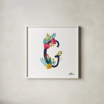 Romantic Luxe G Navy by Janelle Penner. Shown in a crisp white glass frame for a clean and minimalist style. Available as an archival giclee rolled canvas, fine art paper, or poster print. SKU 74236a.