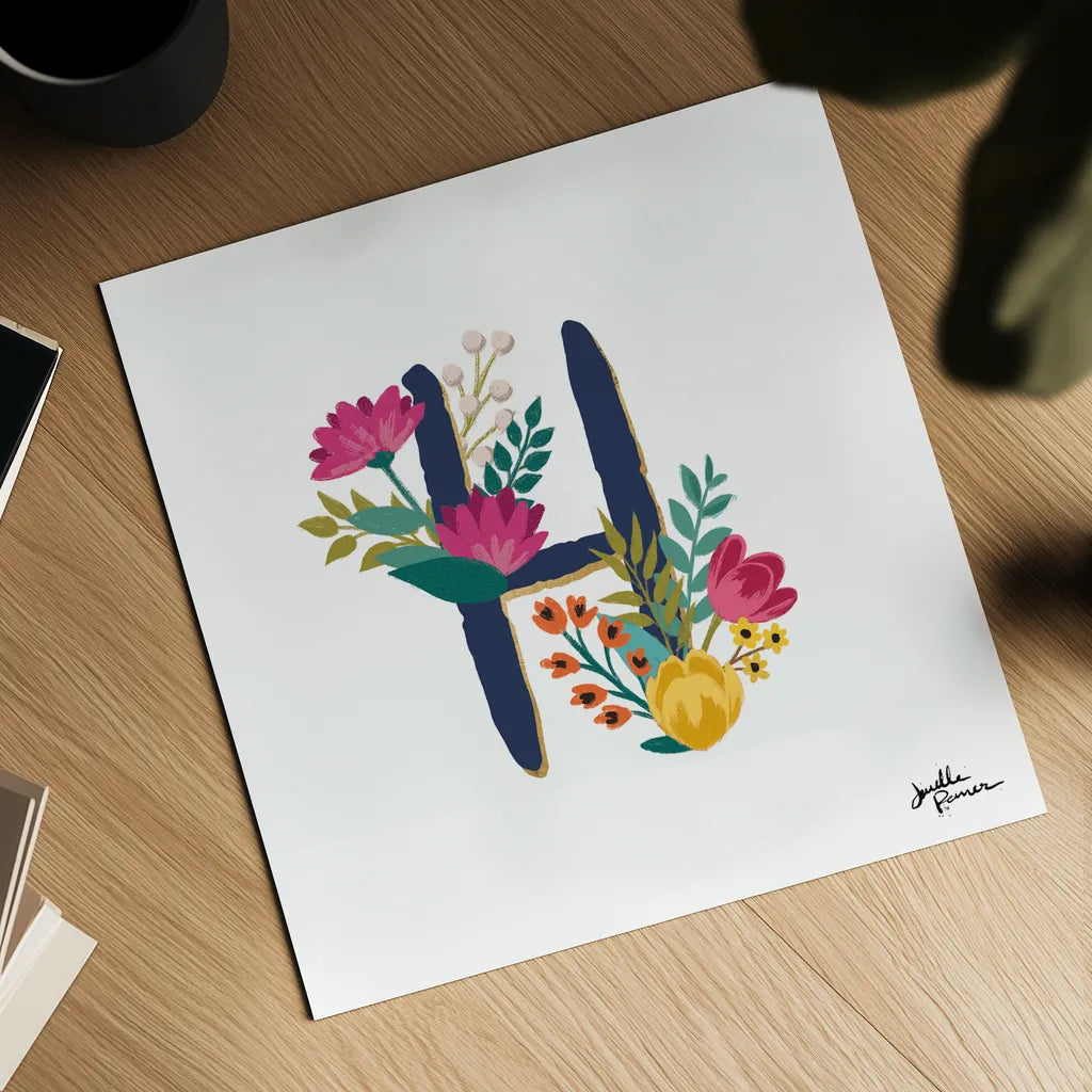 Romantic Luxe H Navy by Janelle Penner. Shown as a detailed flat fine art print, highlighting archival giclee quality. Available as an archival giclee rolled canvas, fine art paper, or poster print. SKU 74237a.