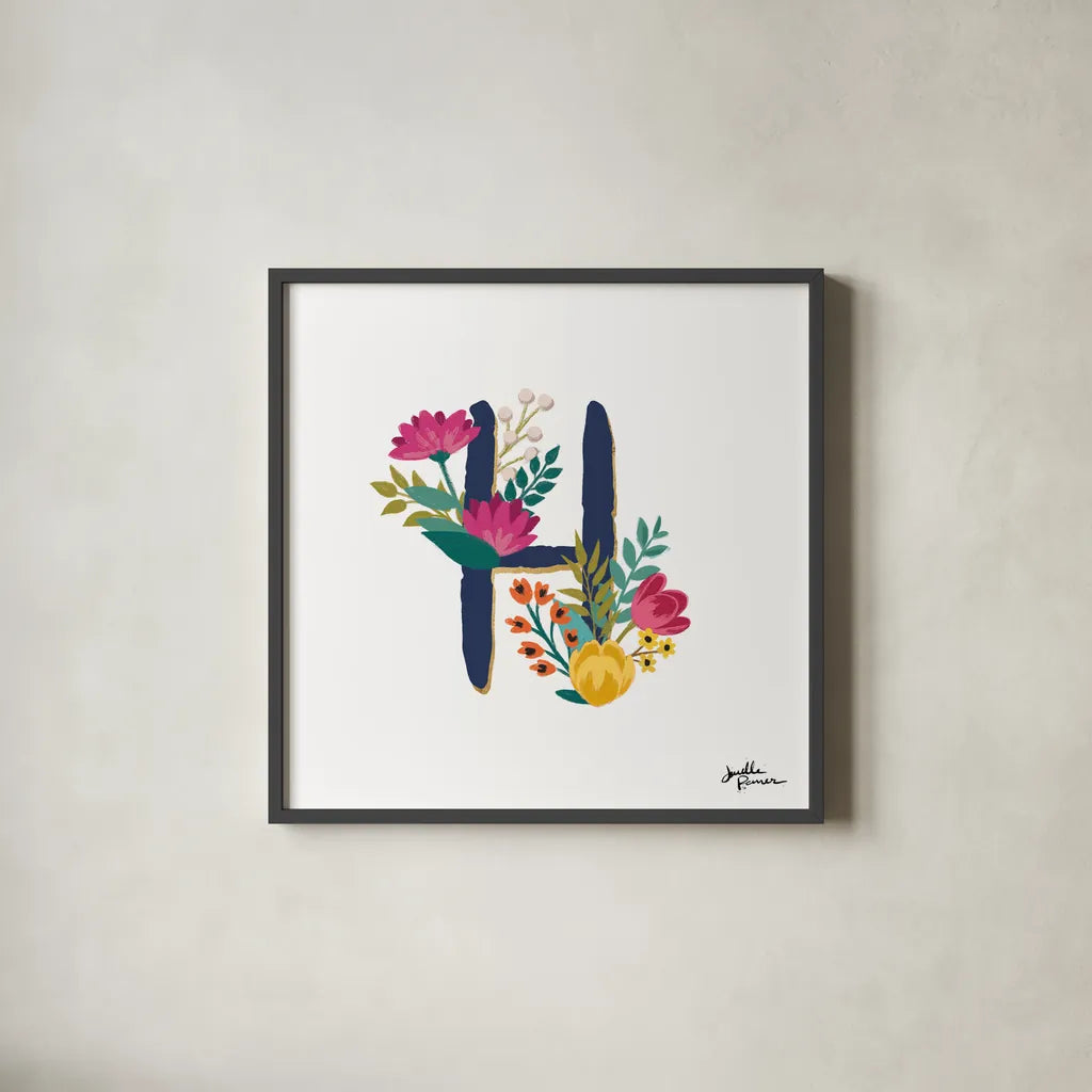 Romantic Luxe H Navy by Janelle Penner. Shown in a sleek black glass frame for a contemporary gallery look. Available as an archival giclee rolled canvas, fine art paper, or poster print. SKU 74237a.