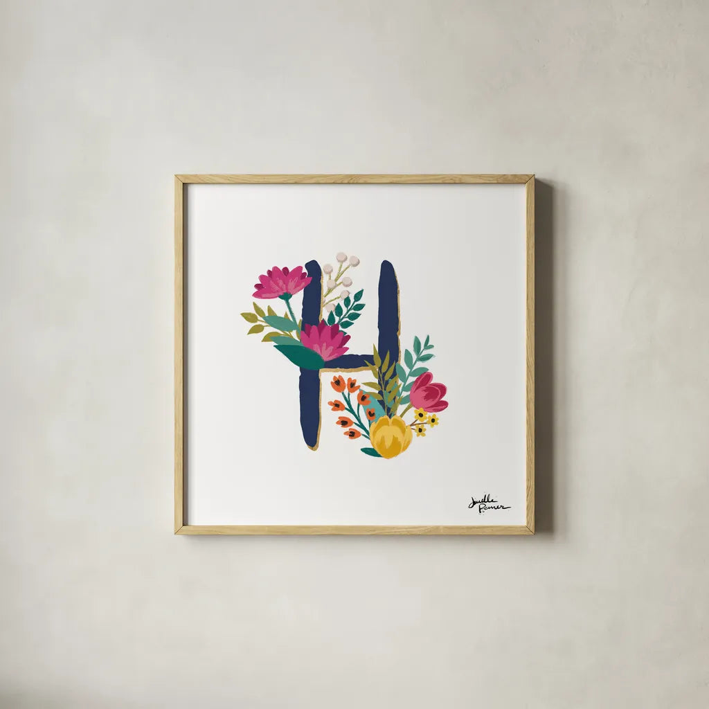 Romantic Luxe H Navy by Janelle Penner. Shown in a natural wood glass frame for a timeless modern aesthetic. Available as an archival giclee rolled canvas, fine art paper, or poster print. SKU 74237a.