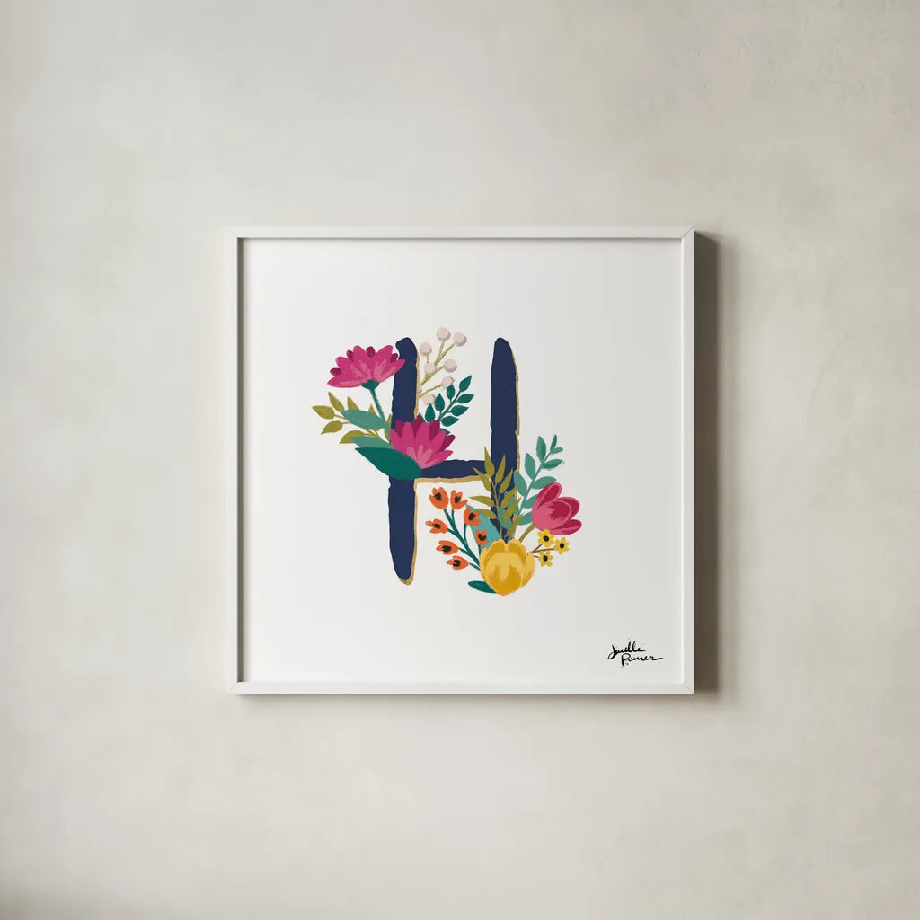 Romantic Luxe H Navy by Janelle Penner. Shown in a crisp white glass frame for a clean and minimalist style. Available as an archival giclee rolled canvas, fine art paper, or poster print. SKU 74237a.