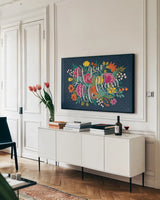 Romantic Luxe I by Janelle Penner. shown as a framed stretched canvas in a living room above a console. Available as a archival giclee rolled canvas, fine art paper, or poster print. SKU 37876i.