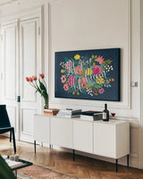 Romantic Luxe I Pastel by Janelle Penner. shown as a framed stretched canvas in a living room above a console. Available as a archival giclee rolled canvas, fine art paper, or poster print. SKU 37892i.