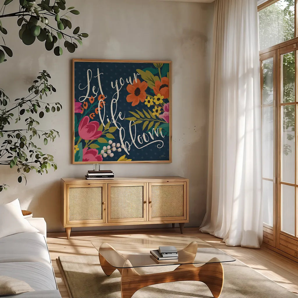 Romantic Luxe II by Janelle Penner. Shown in a natural wood frame in a cozy modern living room. Available as an archival giclee rolled canvas, fine art paper, or poster print. SKU 37877a.