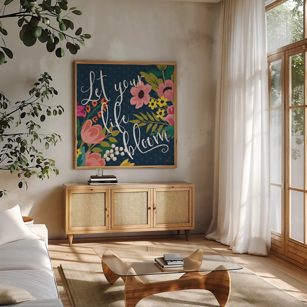 Romantic Luxe II Pastel by Janelle Penner. Shown in a natural wood frame in a cozy modern living room. Available as an archival giclee rolled canvas, fine art paper, or poster print. SKU 37893a.