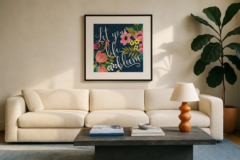 Romantic Luxe II Pastel by Janelle Penner. Displayed in a glass frame with matte in a clean modern living room. Available as an archival giclee rolled canvas, fine art paper, or poster print. SKU 37893a.