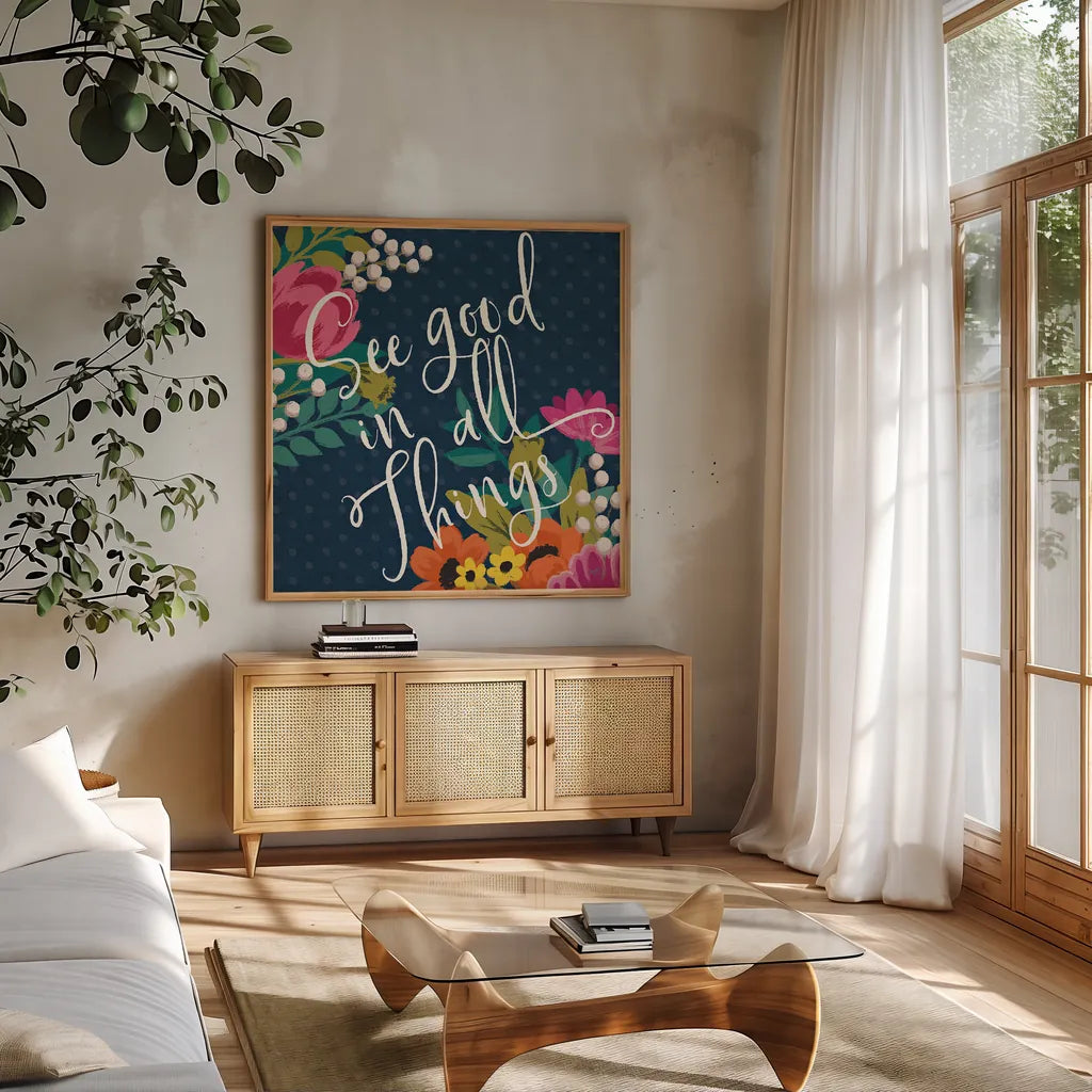 Romantic Luxe III by Janelle Penner. Shown in a natural wood frame in a cozy modern living room. Available as an archival giclee rolled canvas, fine art paper, or poster print. SKU 37878a.