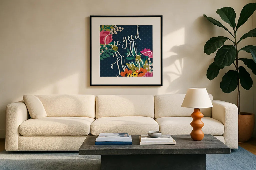 Romantic Luxe III by Janelle Penner. Displayed in a glass frame with matte in a clean modern living room. Available as an archival giclee rolled canvas, fine art paper, or poster print. SKU 37878a.