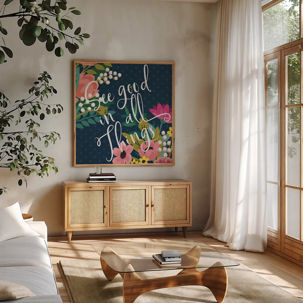 Romantic Luxe III Pastel by Janelle Penner. Shown in a natural wood frame in a cozy modern living room. Available as an archival giclee rolled canvas, fine art paper, or poster print. SKU 37894a.