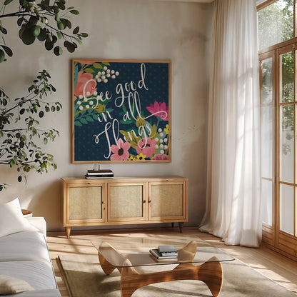 Romantic Luxe III Pastel by Janelle Penner. Shown in a natural wood frame in a cozy modern living room. Available as an archival giclee rolled canvas, fine art paper, or poster print. SKU 37894a.