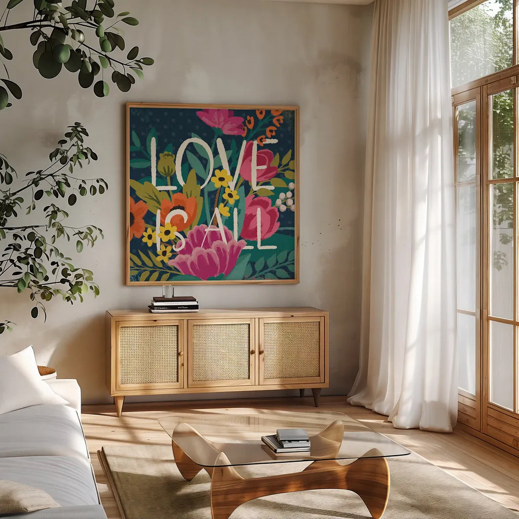 Romantic Luxe IV by Janelle Penner. Shown in a natural wood frame in a cozy modern living room. Available as an archival giclee rolled canvas, fine art paper, or poster print. SKU 37879a.