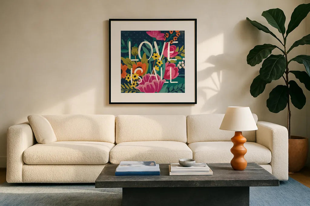 Romantic Luxe IV by Janelle Penner. Displayed in a glass frame with matte in a clean modern living room. Available as an archival giclee rolled canvas, fine art paper, or poster print. SKU 37879a.