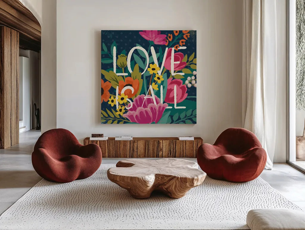 Romantic Luxe IV by Janelle Penner. Shown as extra-large giant wall art in a modern living room. Available as an archival giclee rolled canvas, fine art paper, or poster print. SKU 37879a.