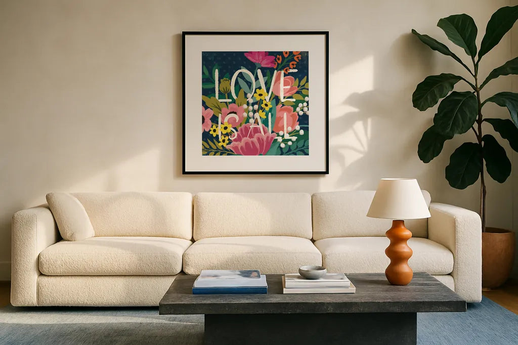 Romantic Luxe IV Pastel by Janelle Penner. Displayed in a glass frame with matte in a clean modern living room. Available as an archival giclee rolled canvas, fine art paper, or poster print. SKU 37895a.