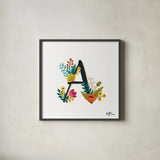Romantic Luxe Monogram A Black by Janelle Penner. Shown in a sleek black glass frame for a contemporary gallery look. Available as an archival giclee rolled canvas, fine art paper, or poster print. SKU 38233a.