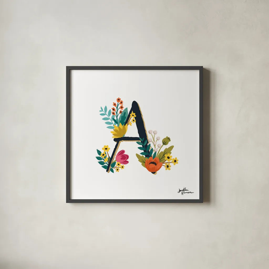 Romantic Luxe Monogram A Black by Janelle Penner. Shown in a sleek black glass frame for a contemporary gallery look. Available as an archival giclee rolled canvas, fine art paper, or poster print. SKU 38233a.