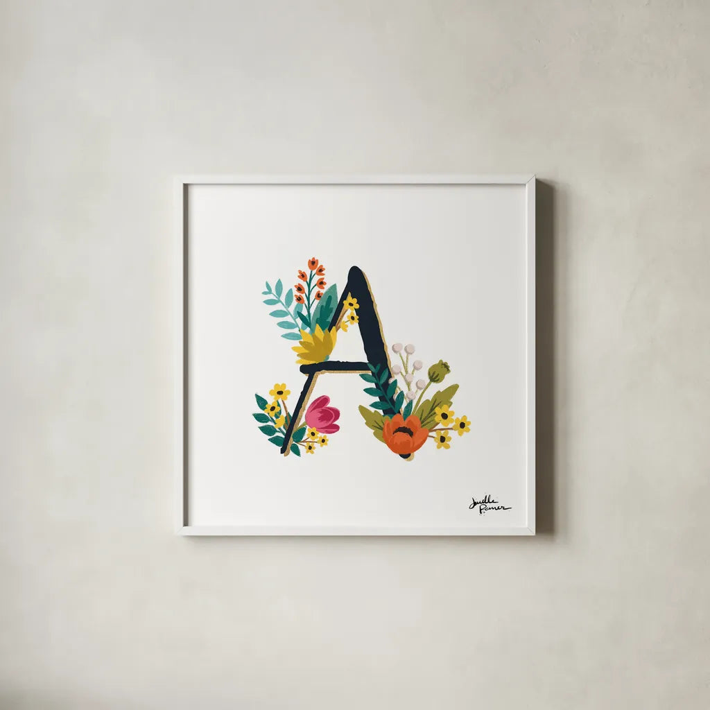 Romantic Luxe Monogram A Black by Janelle Penner. Shown in a crisp white glass frame for a clean and minimalist style. Available as an archival giclee rolled canvas, fine art paper, or poster print. SKU 38233a.