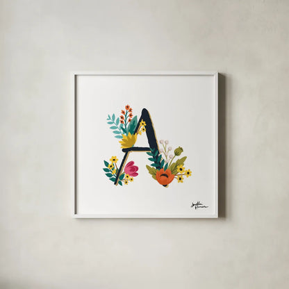 Romantic Luxe Monogram A Black by Janelle Penner. Shown in a crisp white glass frame for a clean and minimalist style. Available as an archival giclee rolled canvas, fine art paper, or poster print. SKU 38233a.