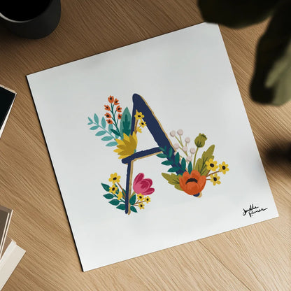 Romantic Luxe Monogram A Navy by Janelle Penner. Shown as a detailed flat fine art print, highlighting archival giclee quality. Available as an archival giclee rolled canvas, fine art paper, or poster print. SKU 38272a.