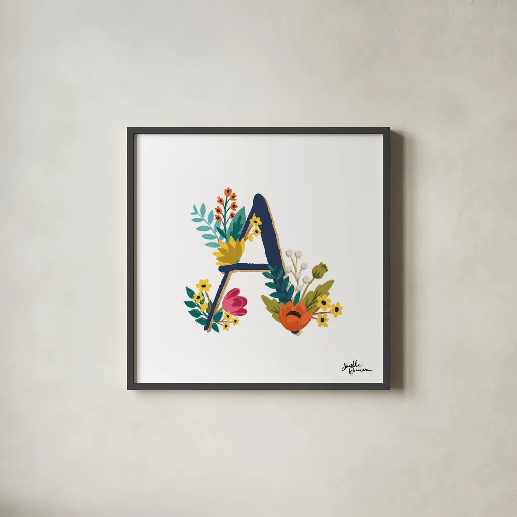 Romantic Luxe Monogram A Navy by Janelle Penner. Shown in a sleek black glass frame for a contemporary gallery look. Available as an archival giclee rolled canvas, fine art paper, or poster print. SKU 38272a.
