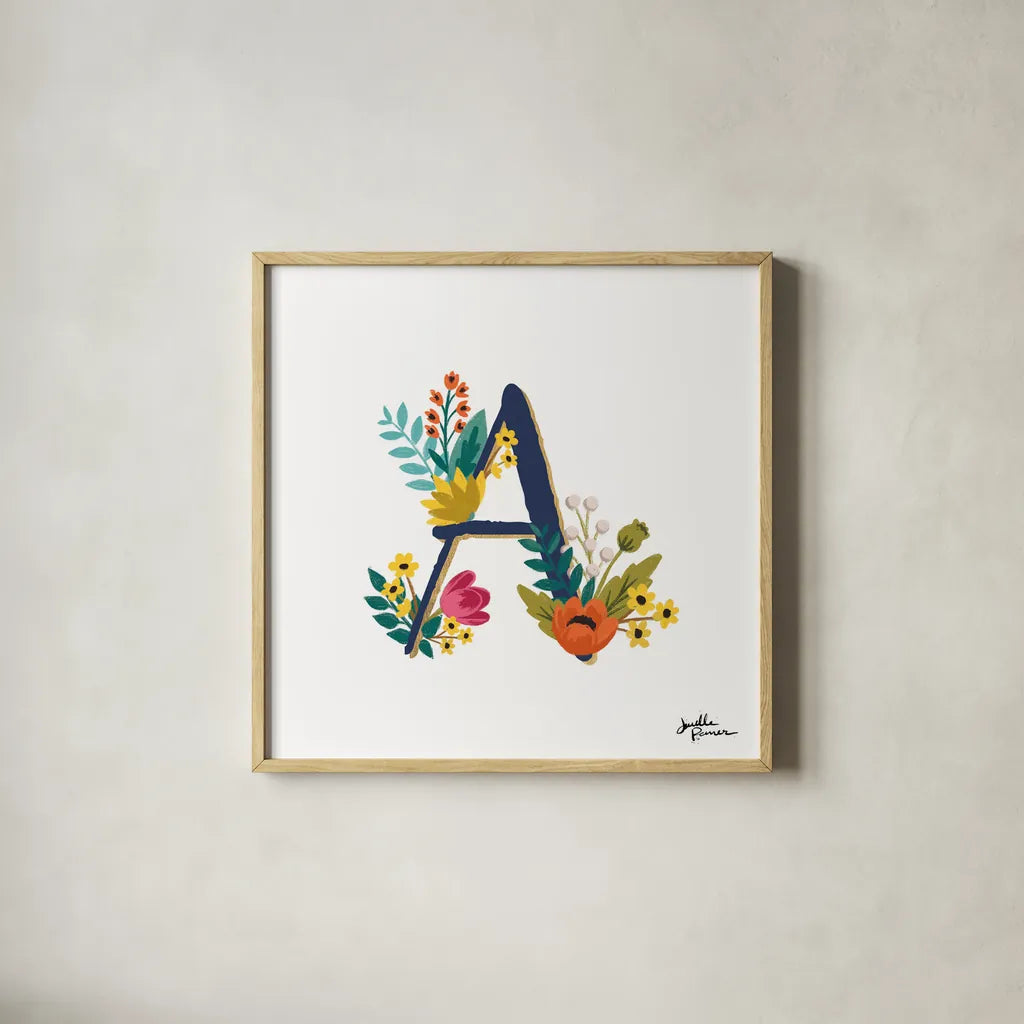 Romantic Luxe Monogram A Navy by Janelle Penner. Shown in a natural wood glass frame for a timeless modern aesthetic. Available as an archival giclee rolled canvas, fine art paper, or poster print. SKU 38272a.