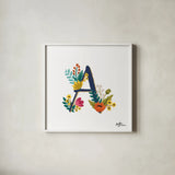 Romantic Luxe Monogram A Navy by Janelle Penner. Shown in a crisp white glass frame for a clean and minimalist style. Available as an archival giclee rolled canvas, fine art paper, or poster print. SKU 38272a.