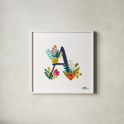 Romantic Luxe Monogram A Navy by Janelle Penner. Shown in a crisp white glass frame for a clean and minimalist style. Available as an archival giclee rolled canvas, fine art paper, or poster print. SKU 38272a.