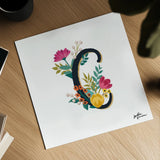 Romantic Luxe Monogram C Black by Janelle Penner. Shown as a detailed flat fine art print, highlighting archival giclee quality. Available as an archival giclee rolled canvas, fine art paper, or poster print. SKU 38234a.