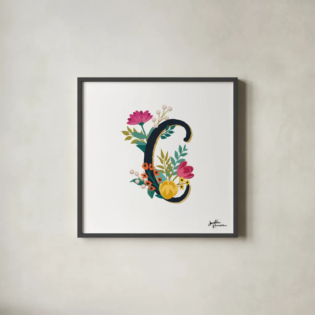 Romantic Luxe Monogram C Black by Janelle Penner. Shown in a sleek black glass frame for a contemporary gallery look. Available as an archival giclee rolled canvas, fine art paper, or poster print. SKU 38234a.