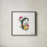 Romantic Luxe Monogram C Black by Janelle Penner. Shown in a sleek black glass frame for a contemporary gallery look. Available as an archival giclee rolled canvas, fine art paper, or poster print. SKU 38234a.