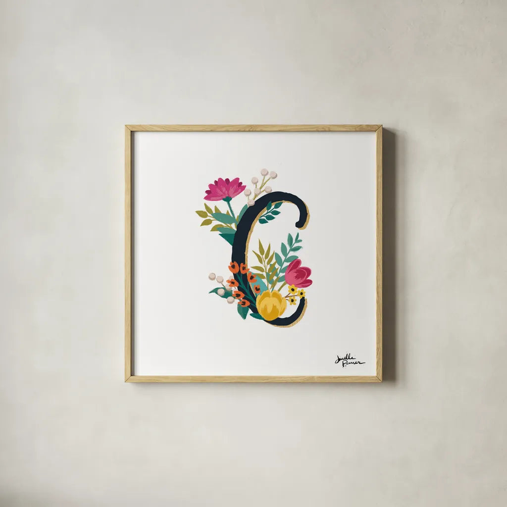 Romantic Luxe Monogram C Black by Janelle Penner. Shown in a natural wood glass frame for a timeless modern aesthetic. Available as an archival giclee rolled canvas, fine art paper, or poster print. SKU 38234a.