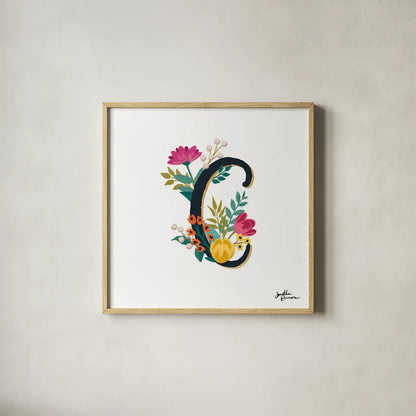 Romantic Luxe Monogram C Black by Janelle Penner. Shown in a natural wood glass frame for a timeless modern aesthetic. Available as an archival giclee rolled canvas, fine art paper, or poster print. SKU 38234a.