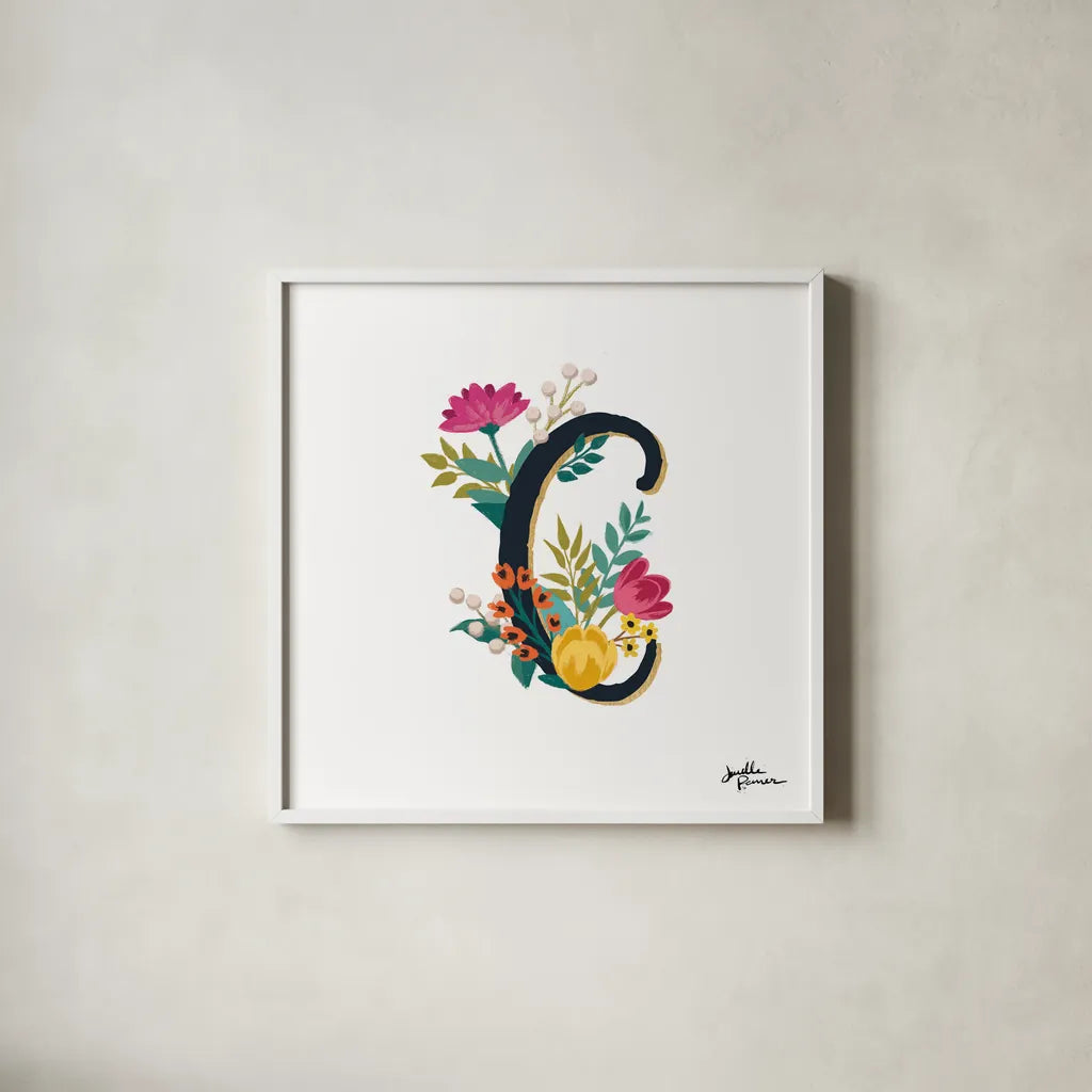 Romantic Luxe Monogram C Black by Janelle Penner. Shown in a crisp white glass frame for a clean and minimalist style. Available as an archival giclee rolled canvas, fine art paper, or poster print. SKU 38234a.