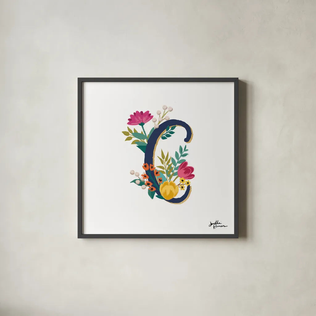 Romantic Luxe Monogram C Navy by Janelle Penner. Shown in a sleek black glass frame for a contemporary gallery look. Available as an archival giclee rolled canvas, fine art paper, or poster print. SKU 38273a.