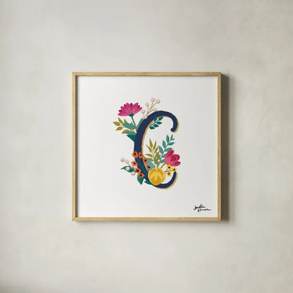 Romantic Luxe Monogram C Navy by Janelle Penner. Shown in a natural wood glass frame for a timeless modern aesthetic. Available as an archival giclee rolled canvas, fine art paper, or poster print. SKU 38273a.