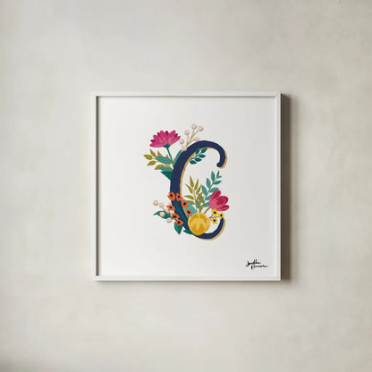 Romantic Luxe Monogram C Navy by Janelle Penner. Shown in a crisp white glass frame for a clean and minimalist style. Available as an archival giclee rolled canvas, fine art paper, or poster print. SKU 38273a.