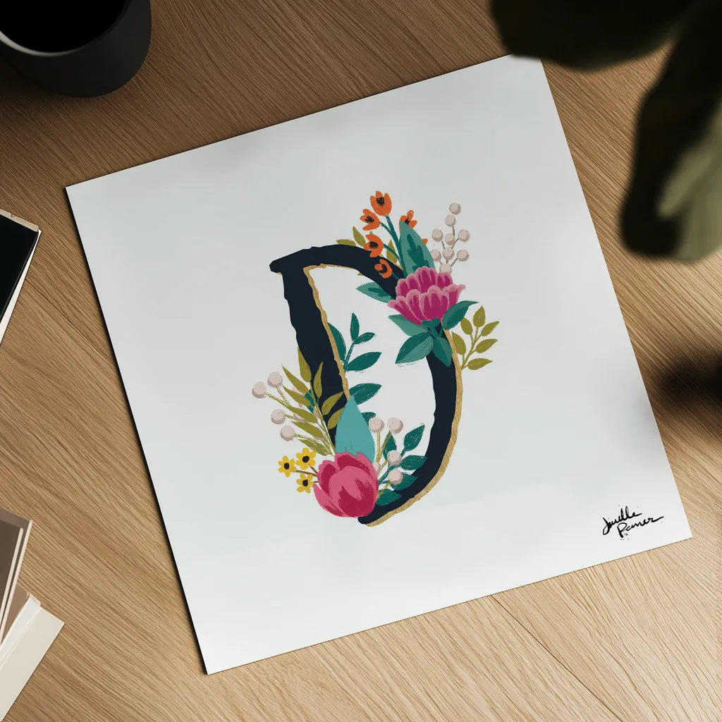 Romantic Luxe Monogram D Black by Janelle Penner. Shown as a detailed flat fine art print, highlighting archival giclee quality. Available as an archival giclee rolled canvas, fine art paper, or poster print. SKU 38235a.