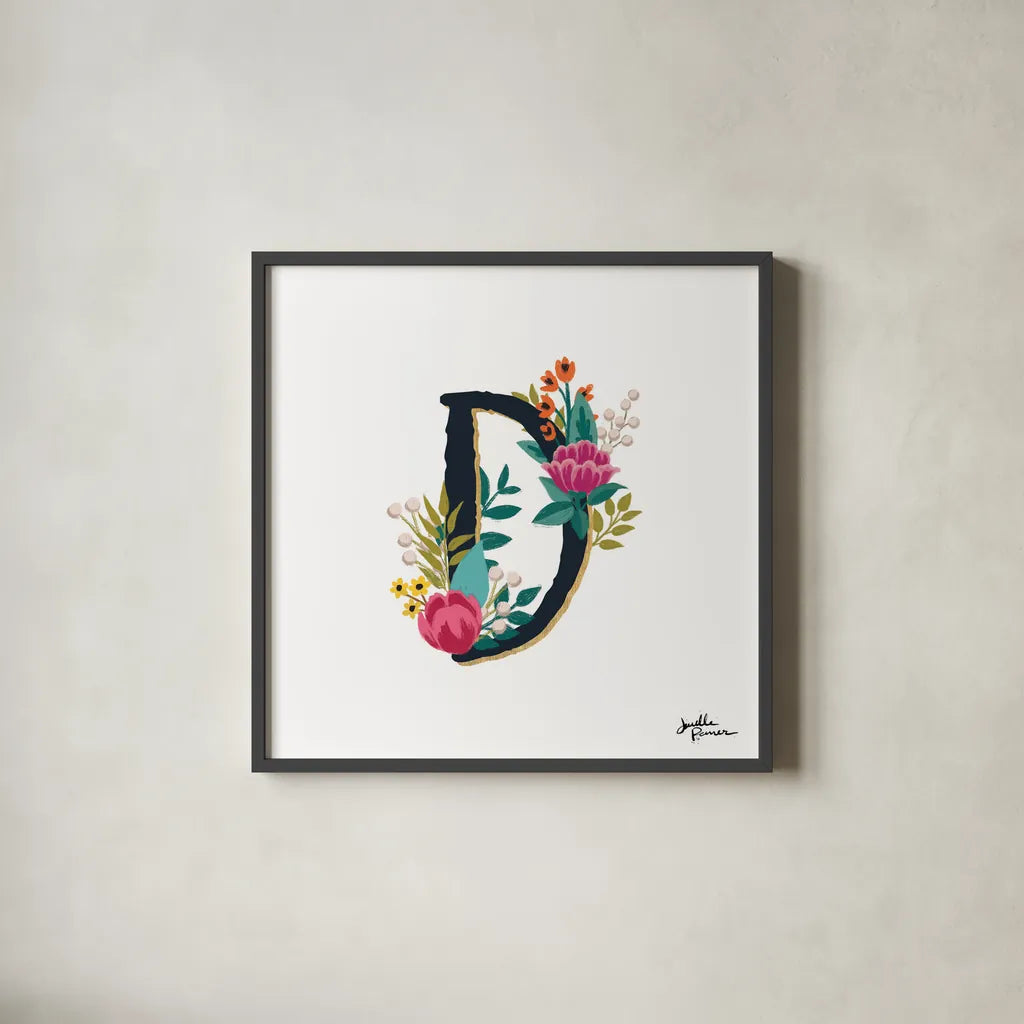 Romantic Luxe Monogram D Black by Janelle Penner. Shown in a sleek black glass frame for a contemporary gallery look. Available as an archival giclee rolled canvas, fine art paper, or poster print. SKU 38235a.