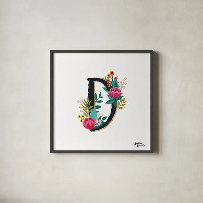 Romantic Luxe Monogram D Black by Janelle Penner. Shown in a sleek black glass frame for a contemporary gallery look. Available as an archival giclee rolled canvas, fine art paper, or poster print. SKU 38235a.