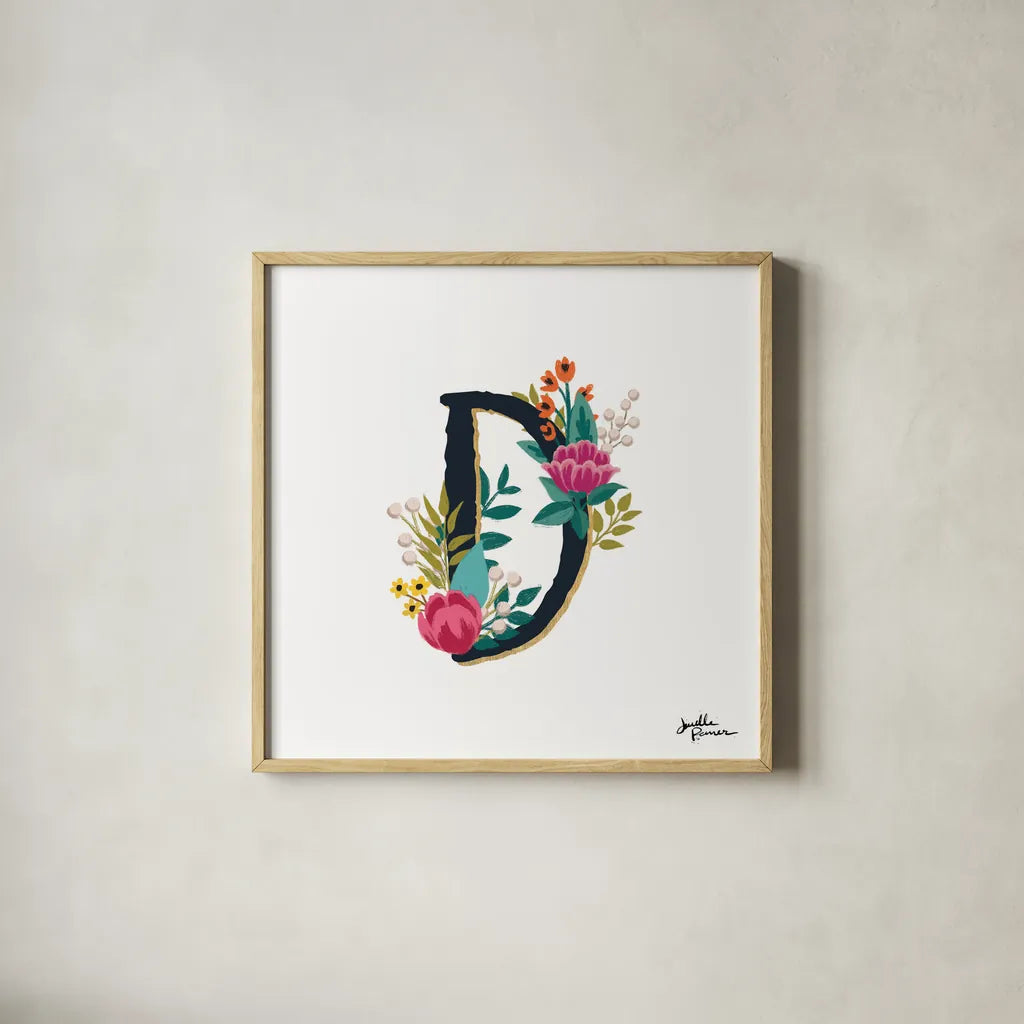 Romantic Luxe Monogram D Black by Janelle Penner. Shown in a natural wood glass frame for a timeless modern aesthetic. Available as an archival giclee rolled canvas, fine art paper, or poster print. SKU 38235a.