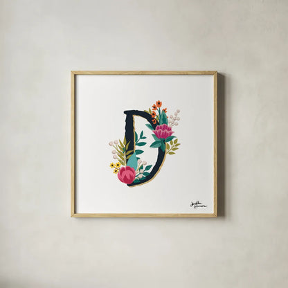 Romantic Luxe Monogram D Black by Janelle Penner. Shown in a natural wood glass frame for a timeless modern aesthetic. Available as an archival giclee rolled canvas, fine art paper, or poster print. SKU 38235a.