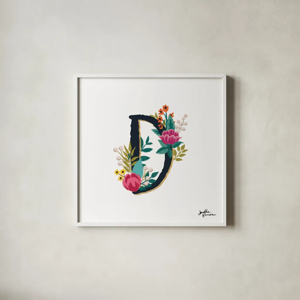 Romantic Luxe Monogram D Black by Janelle Penner. Shown in a crisp white glass frame for a clean and minimalist style. Available as an archival giclee rolled canvas, fine art paper, or poster print. SKU 38235a.