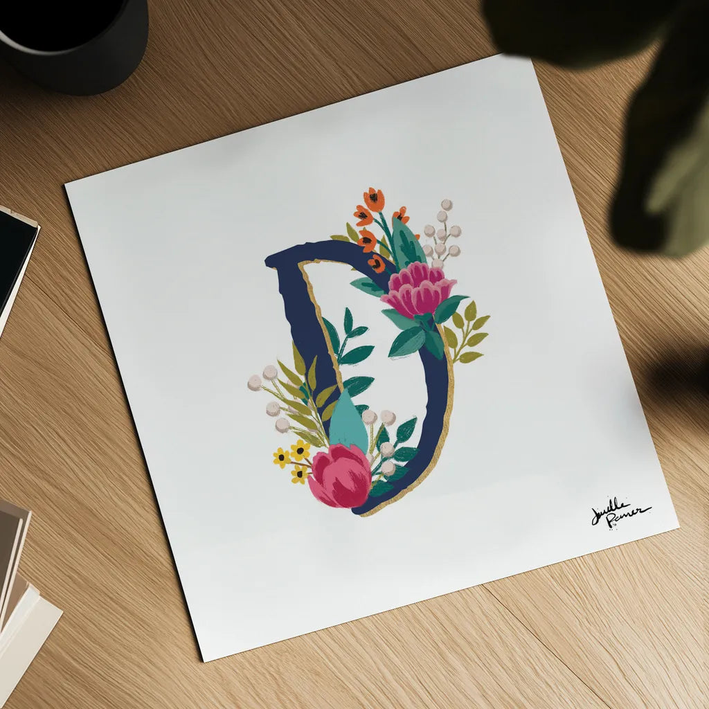 Romantic Luxe Monogram D Navy by Janelle Penner. Shown as a detailed flat fine art print, highlighting archival giclee quality. Available as an archival giclee rolled canvas, fine art paper, or poster print. SKU 38274a.