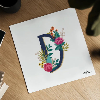 Romantic Luxe Monogram D Navy by Janelle Penner. Shown as a detailed flat fine art print, highlighting archival giclee quality. Available as an archival giclee rolled canvas, fine art paper, or poster print. SKU 38274a.