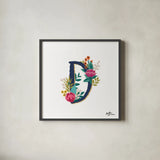 Romantic Luxe Monogram D Navy by Janelle Penner. Shown in a sleek black glass frame for a contemporary gallery look. Available as an archival giclee rolled canvas, fine art paper, or poster print. SKU 38274a.