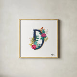 Romantic Luxe Monogram D Navy by Janelle Penner. Shown in a natural wood glass frame for a timeless modern aesthetic. Available as an archival giclee rolled canvas, fine art paper, or poster print. SKU 38274a.