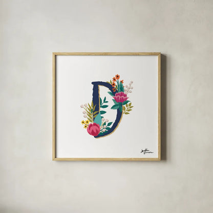 Romantic Luxe Monogram D Navy by Janelle Penner. Shown in a natural wood glass frame for a timeless modern aesthetic. Available as an archival giclee rolled canvas, fine art paper, or poster print. SKU 38274a.