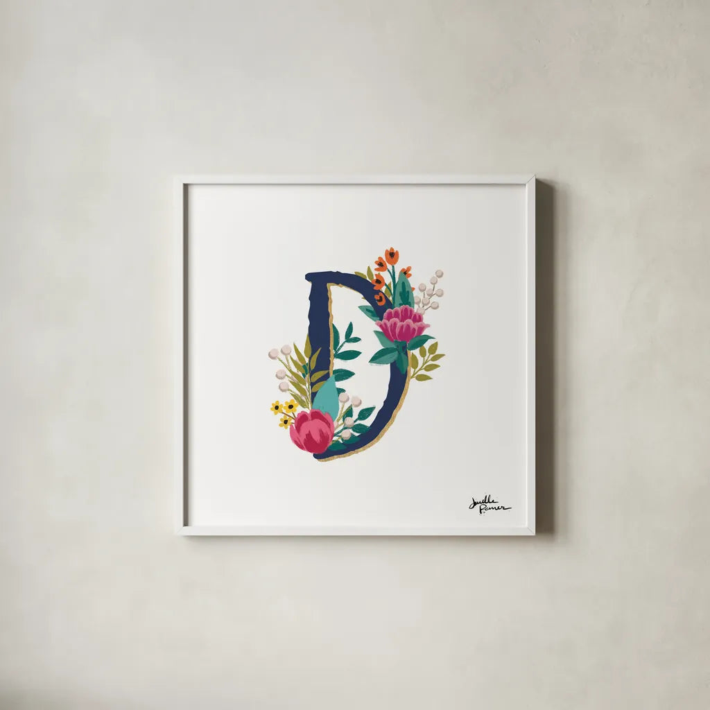 Romantic Luxe Monogram D Navy by Janelle Penner. Shown in a crisp white glass frame for a clean and minimalist style. Available as an archival giclee rolled canvas, fine art paper, or poster print. SKU 38274a.